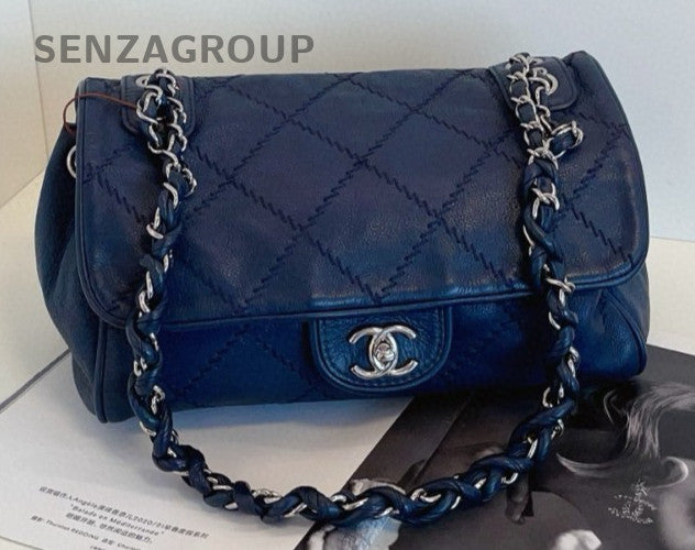 Chanel Classic Flap Chain Calfskin Shoulder Bag Blue Silver Diamond Women