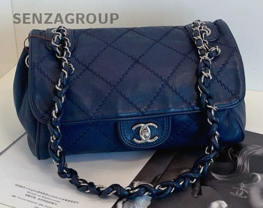 Chanel Classic Flap Chain Calfskin Shoulder Bag Blue Silver Diamond Women