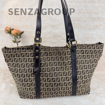 Vintage Fendi Monogram Tote Shoulder Bag Brown Gold Hardware Classic Women