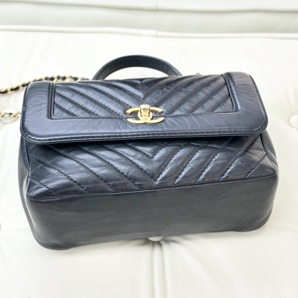 Chanel Calfskin Chevron Chain Crossbody Top Handle Bag Black Gold Women S