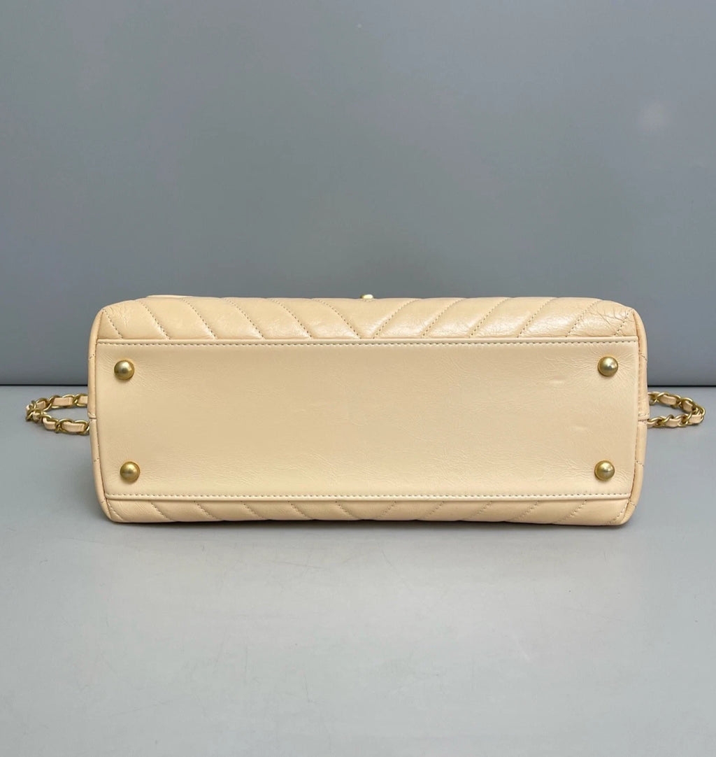 Chanel Coco Handle Calfskin Chevron Top Handle Bag Shoulder Bag Beige Women