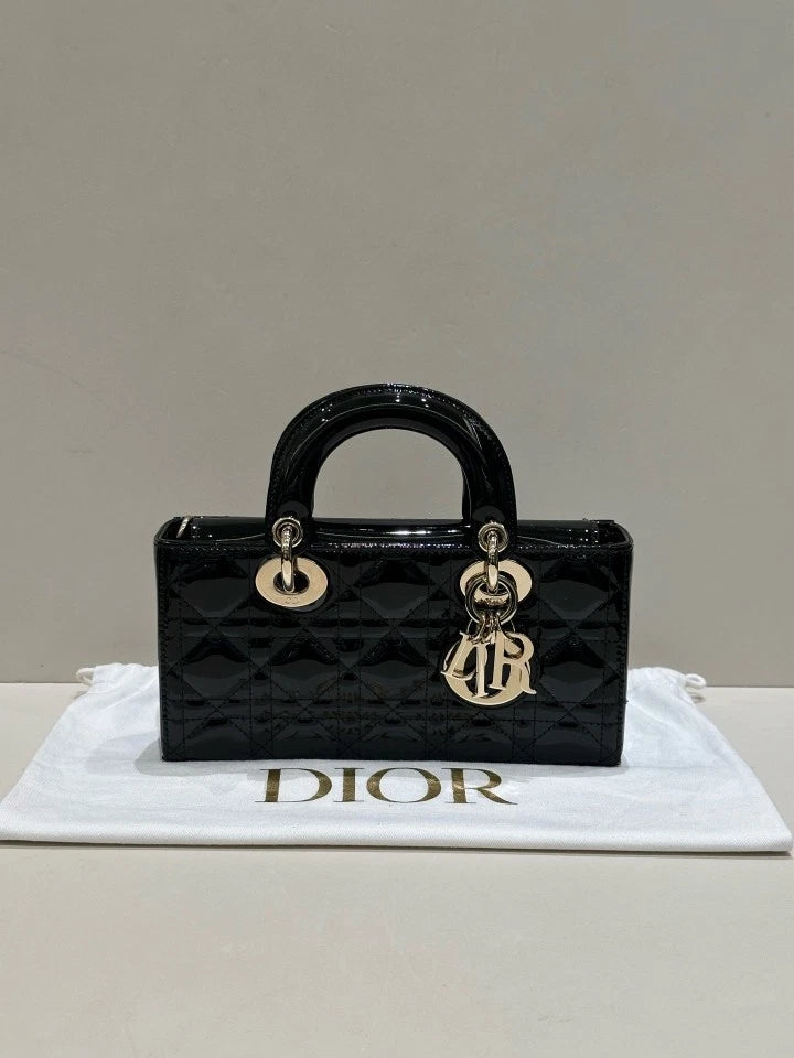 Dior D-Joy Small Black Gold Patent Leather Top Handle Bag For Women