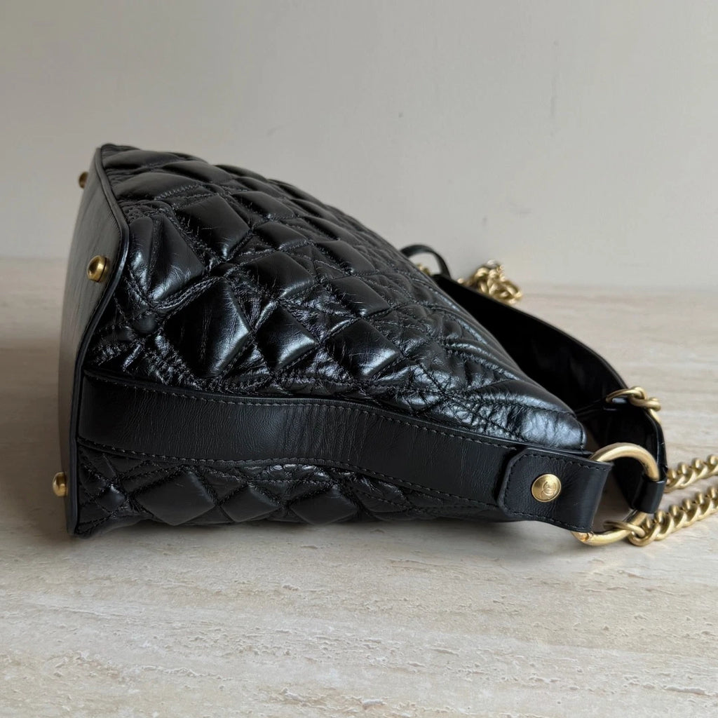 Chanel Calfskin Leather Diamond Black Handbag Gold Chain Crossbody