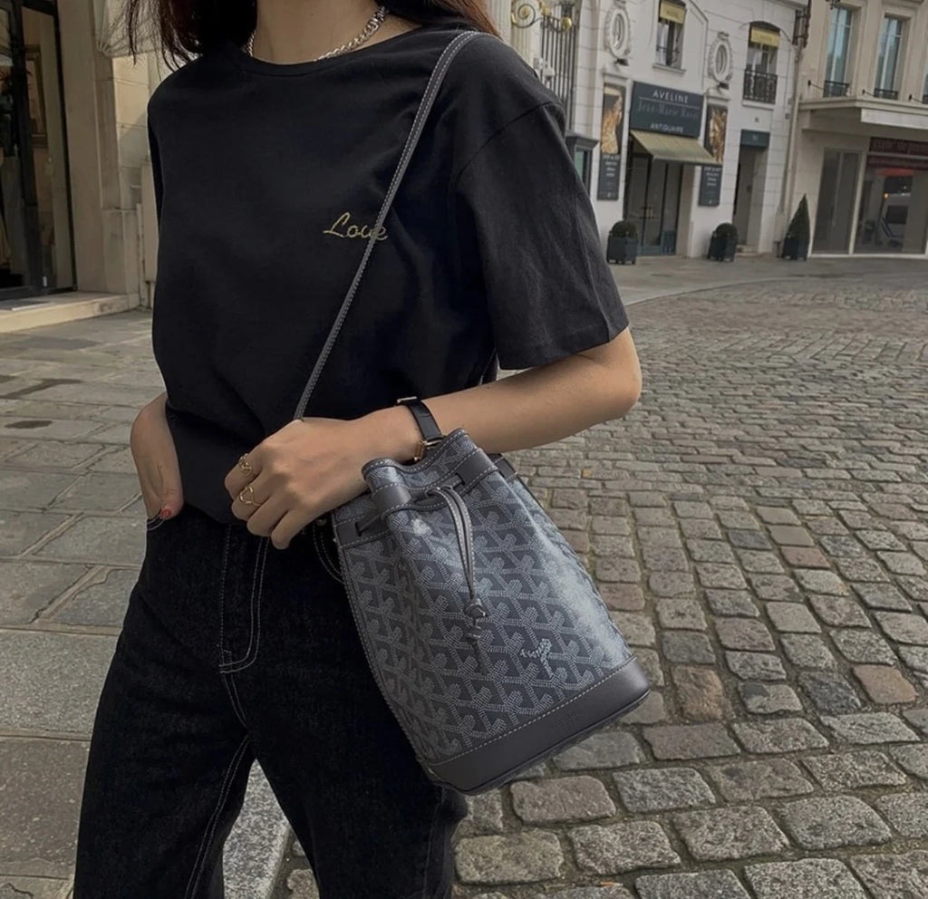 Authentic Goyard Gray Monogram Drawstring Bucket Bag For Women