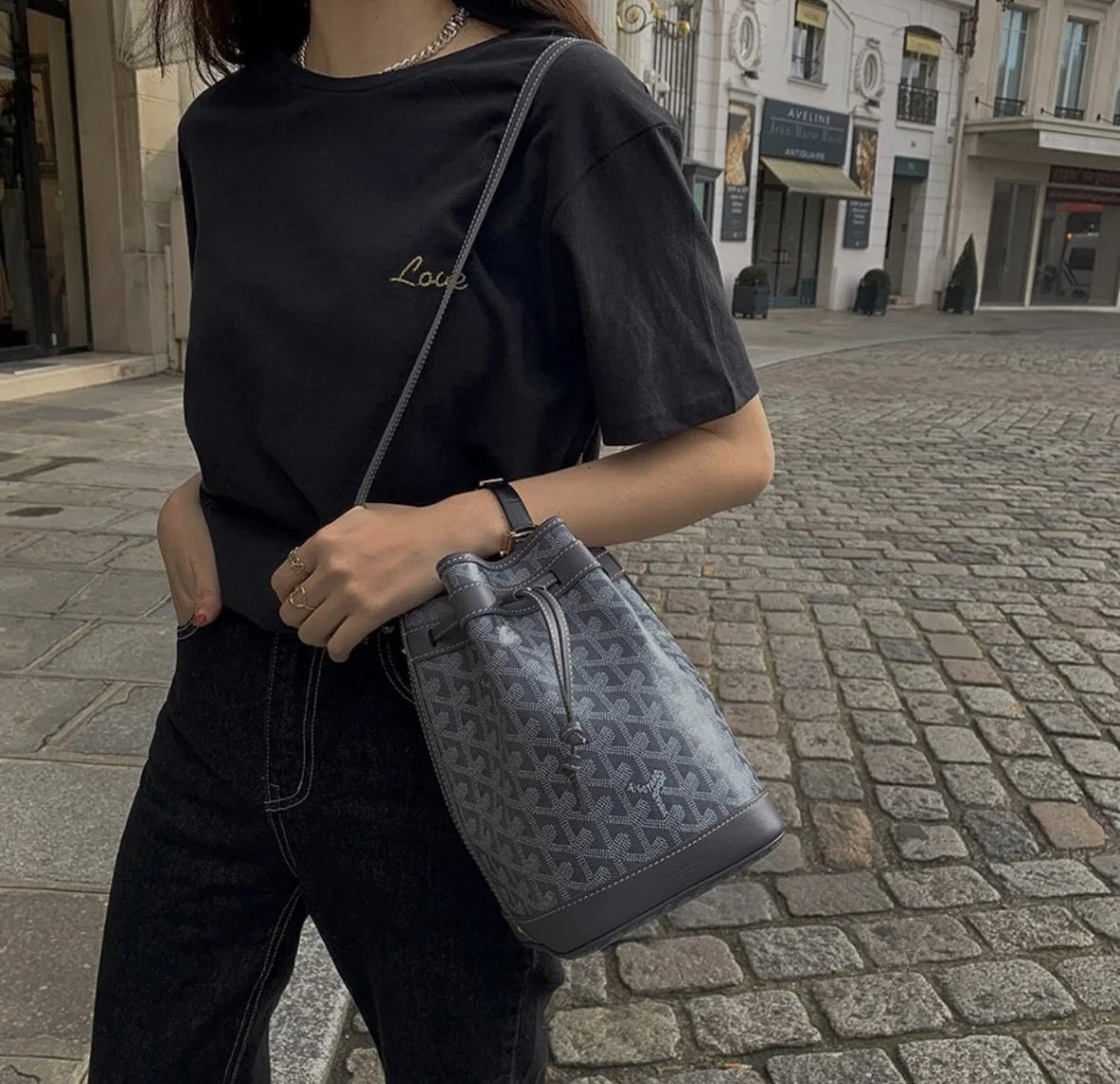 Authentic Goyard Gray Monogram Drawstring Bucket Bag For Women