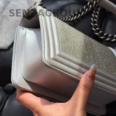 Chanel Le Boy Silver Chain Shoulder Crossbody Bag - Women's Fashion