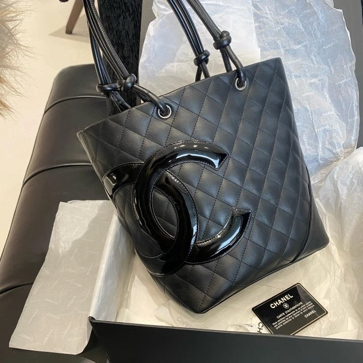 Chanel Cambon So Black Diamond Tote Top Handle Shoulder Bag Silver Women D