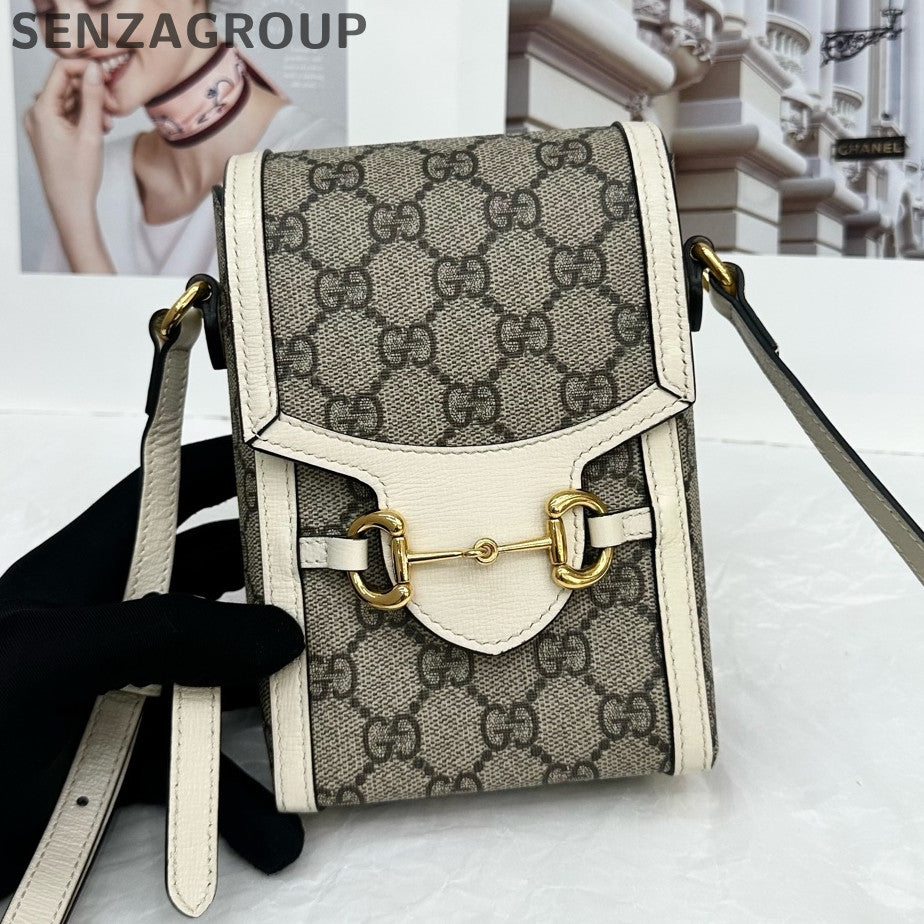 Gucci 1955 Horsebit Phone Crossbody Bag Brown White Women's Classic