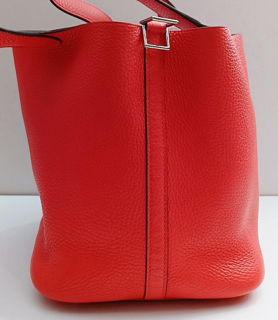 Hermes Picotin Lock Silver Hardware Tote Bag Pink Red Used Women Classic