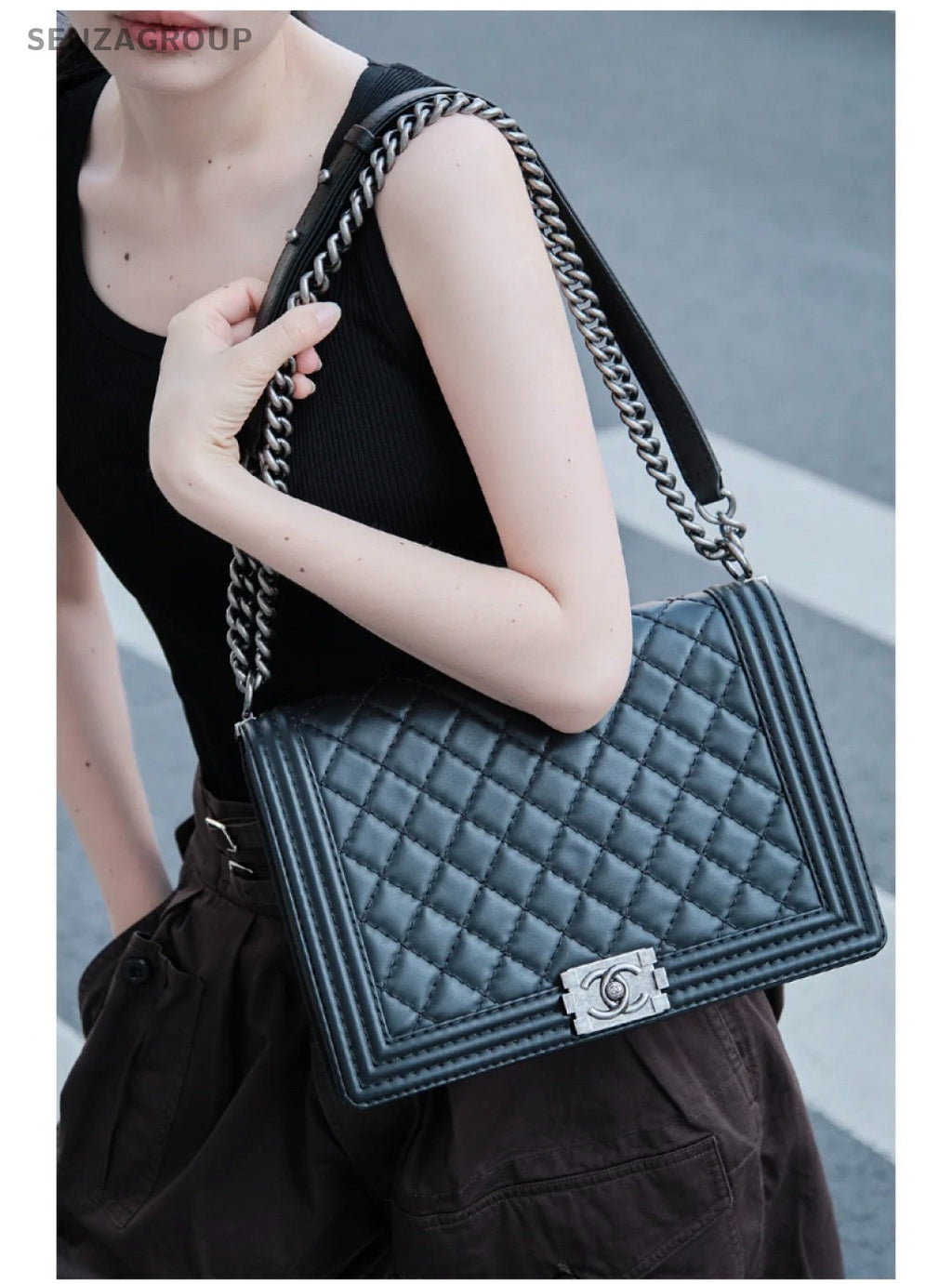 Chanel Leboy GM Calfskin Shoulder Crossbody Bag Women Black Almost Brand New