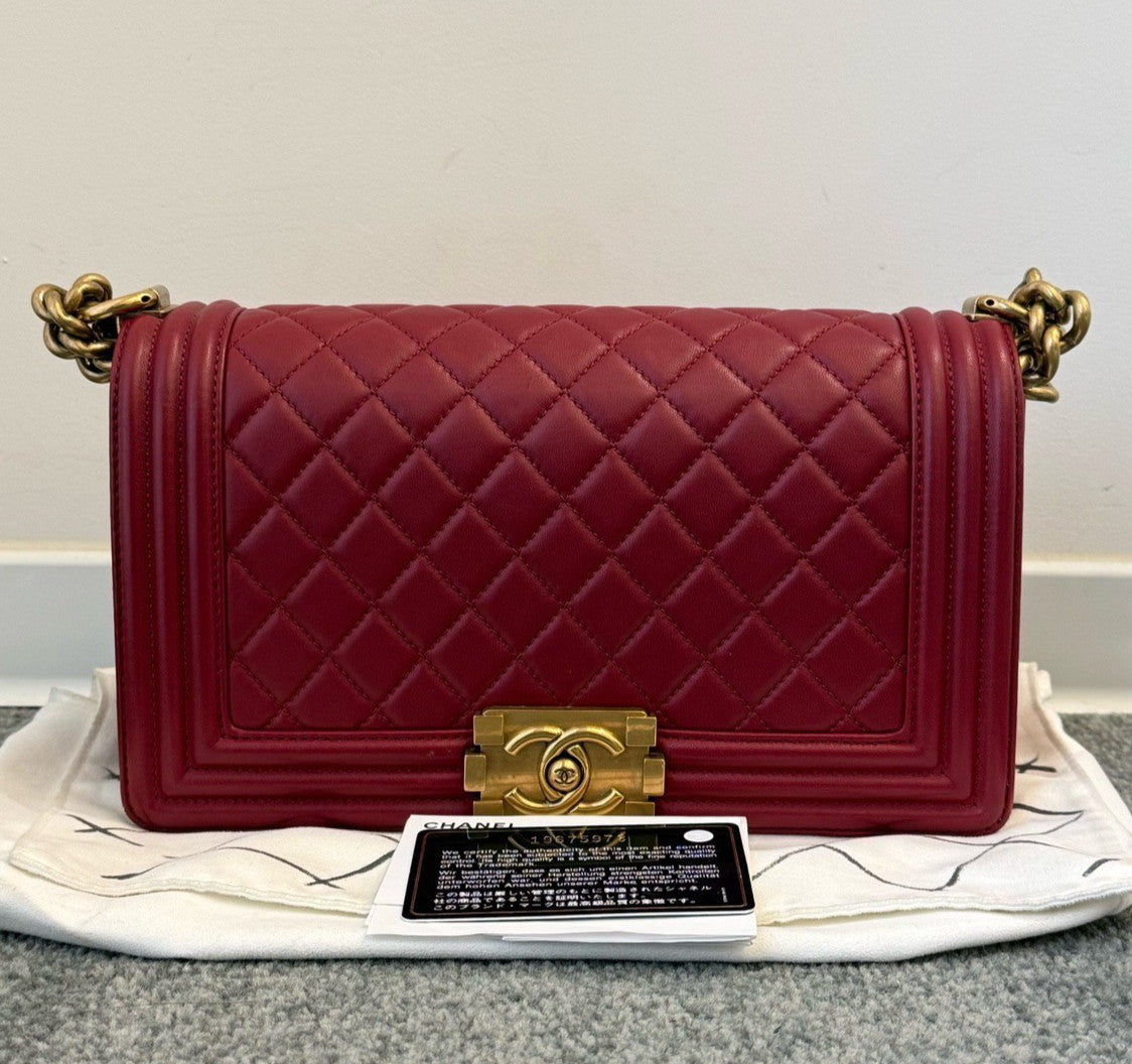 Chanel Leboy MM Lambskin Chain Shoulder Bag Crossbody Red Gold Women Classic