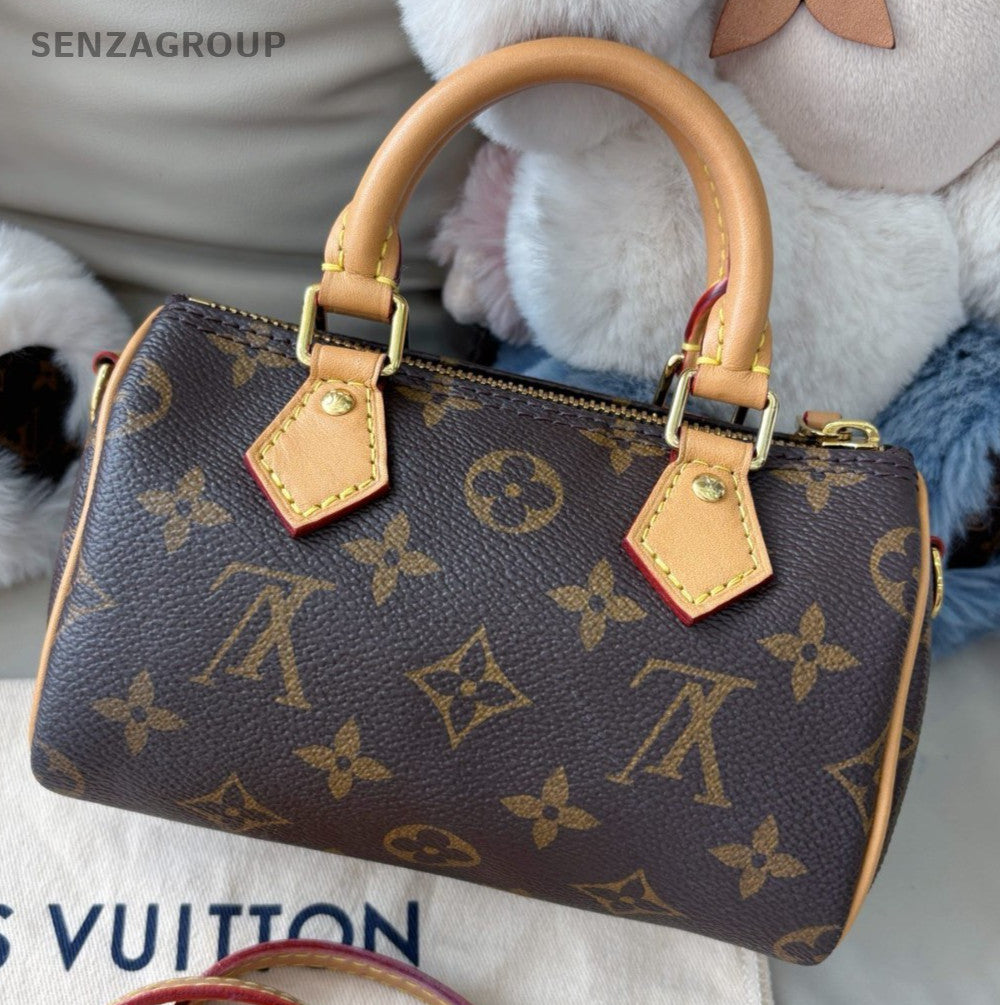 Louis Vuitton Nano Speedy Monogram Top Handle Bag Crossbody Brown Gold Women