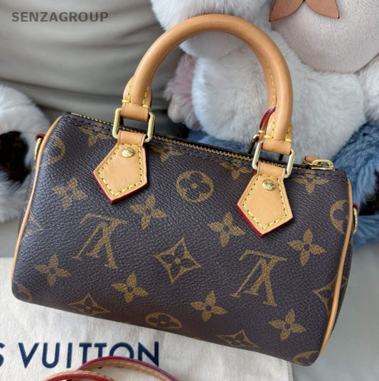 Louis Vuitton Nano Speedy Monogram Top Handle Bag Crossbody Brown Gold Women