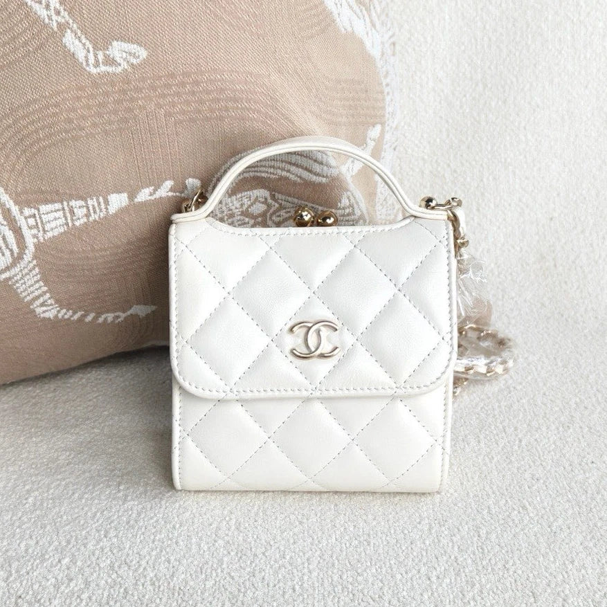 Chanel Lambskin Diamond Top Handle Chain Crossbody White Gold Women Classic