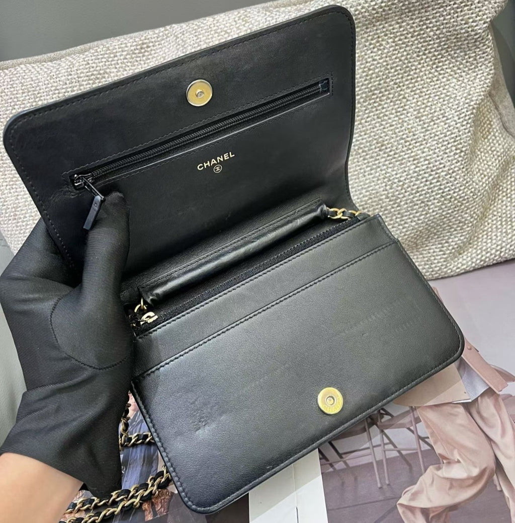 Chanel Leboy WOC Calfskin Chain Shoulder Bag Crossbody Black Gold Women Classic