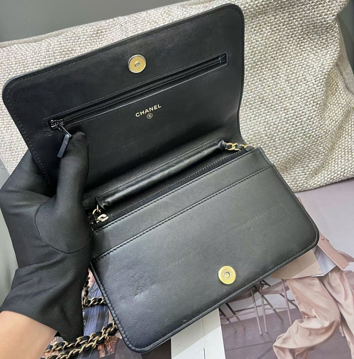 Chanel Leboy WOC Calfskin Chain Shoulder Bag Crossbody Black Gold Women Classic