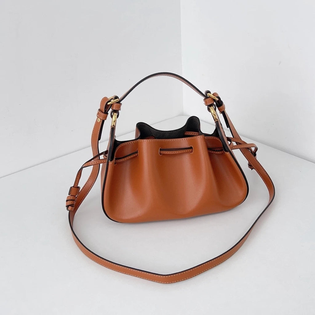 Excellent Fendi Pomodorino Bucket Top Handle Crossbody Bag Brown Gold Hardware