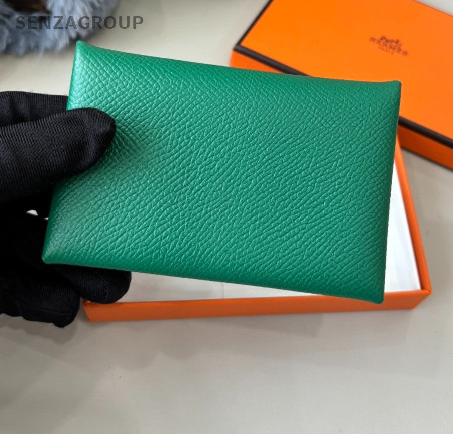 Hermes Calvi Card Case Green Epsom Leather Purse