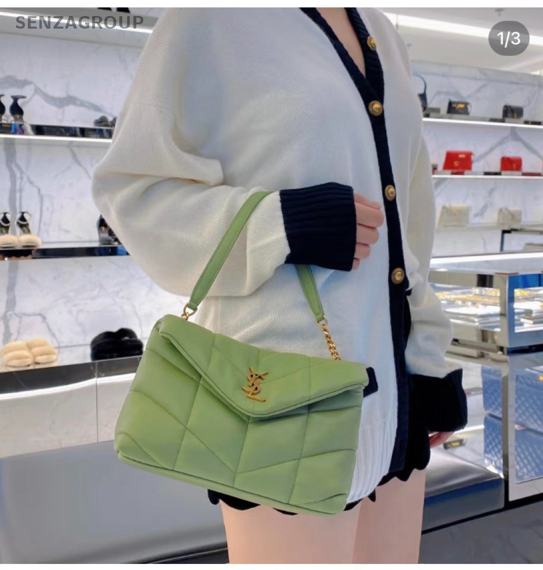 YSL Saint Lauren Puffer PM Quilted Lambskin Shoulder Crossbody Bag Green Women