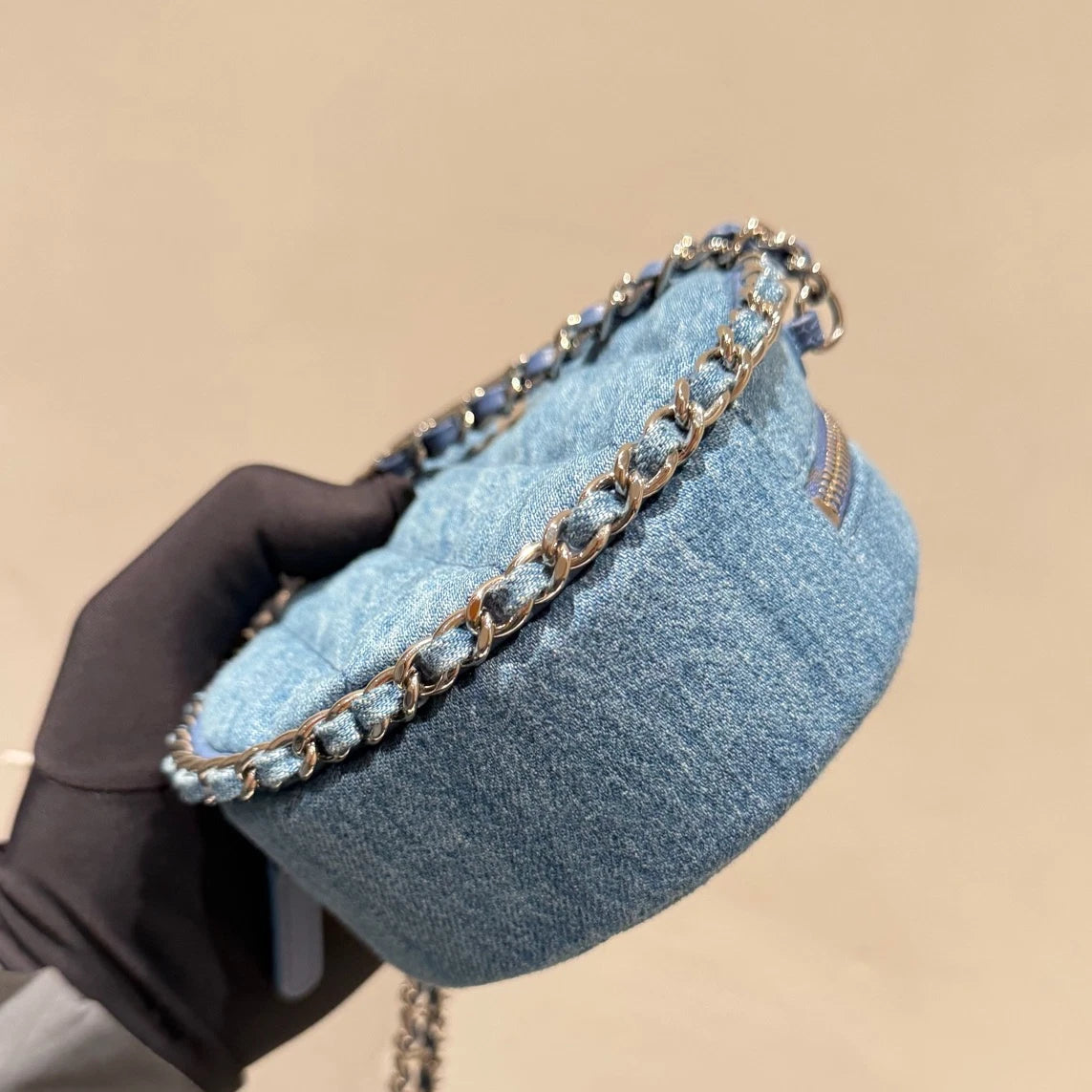 Chanel Denim Round Bag Chain Crossbody Blue Gold Diamond Women Classic