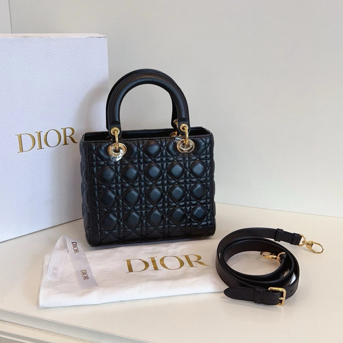 Dior Lady Dior Lambskin Crossbody Top Handle Excellent
