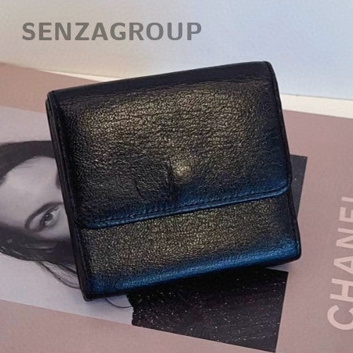 Chanel Short Wallet Clutch Black Gold Used Women Classic