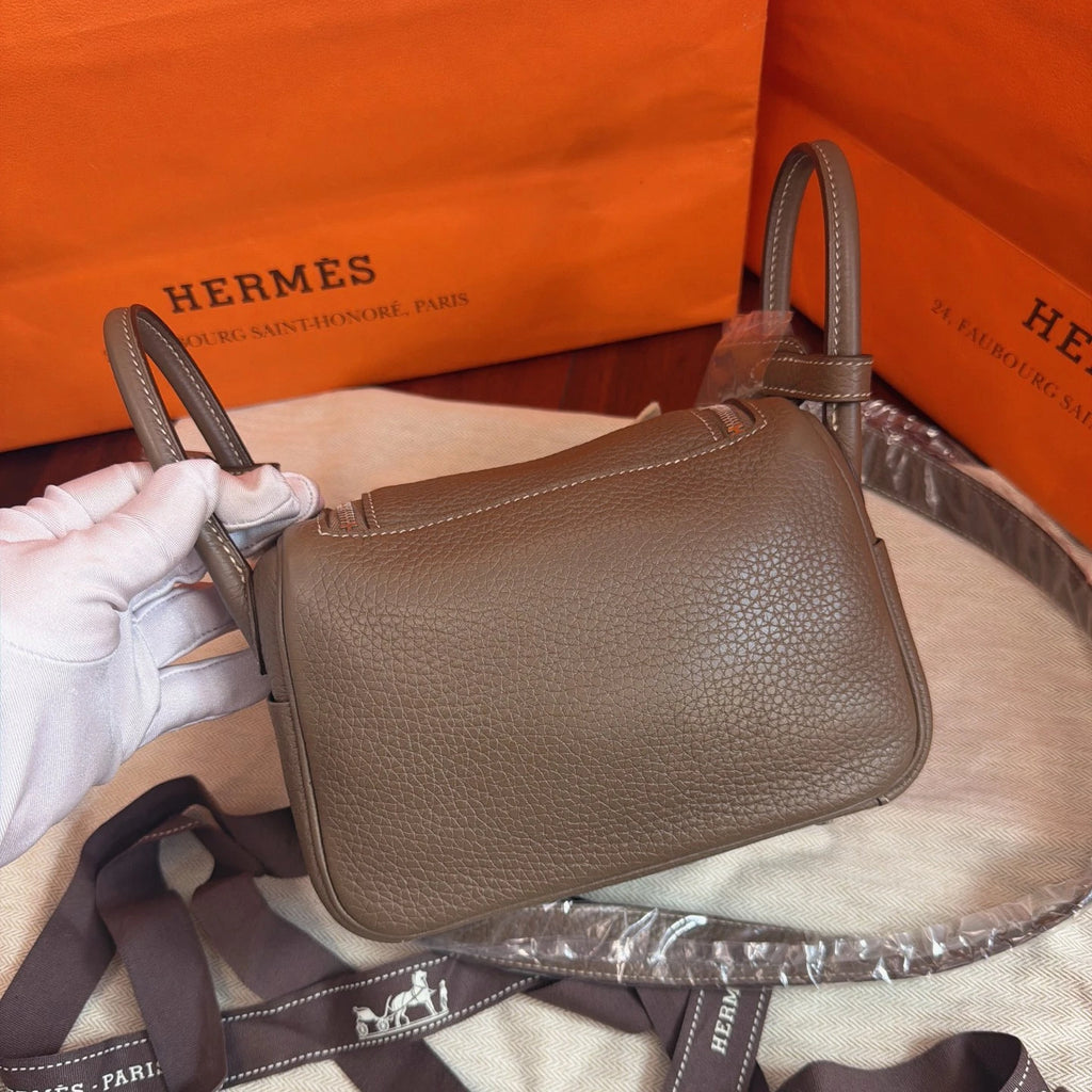 Hermes Lindy Mini TC Leather Top Handle Bag Shoulder Bag Gray Silver Women
