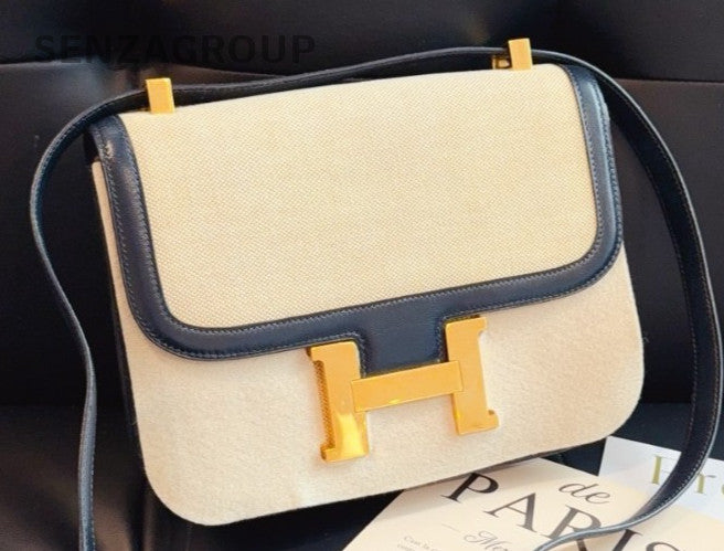 Hermes Constance 2Way Shoulder Bag Crossbody White Blue Gold Women Vintage