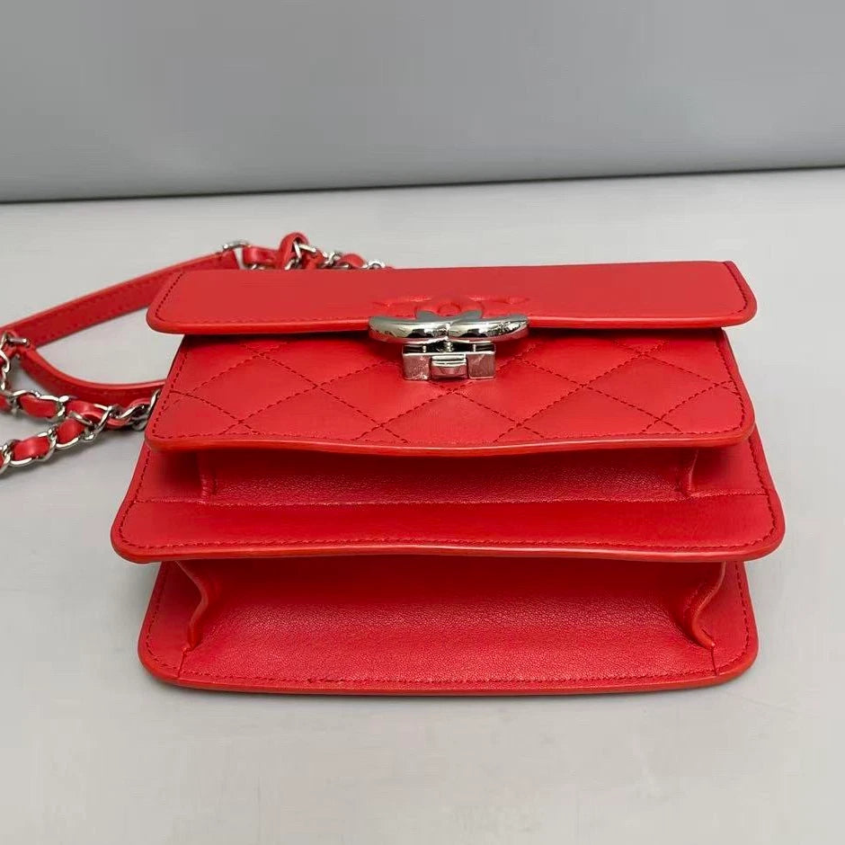 Chanel Cuba Calfskin Chain Shoulder Bag Crossbody Red Silver Women Classic