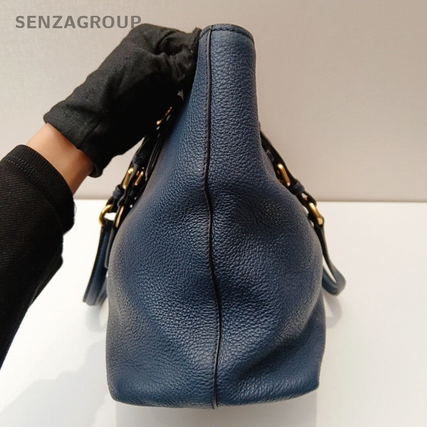 Prada Calfskin Tote Shoulder Bag Blue Gold Used Women Classic