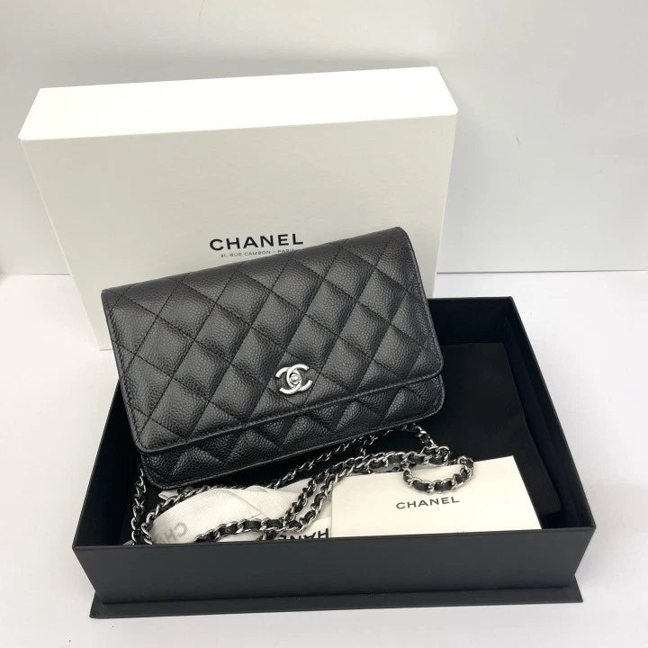 CHANEL WOC Black Silver Grained Leather Shoulder Bag For Women