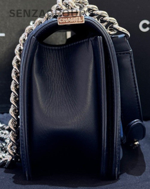 Chanel Leboy MM Lambskin Chain Shoulder Bag Blue Silver Women Diamond Classic