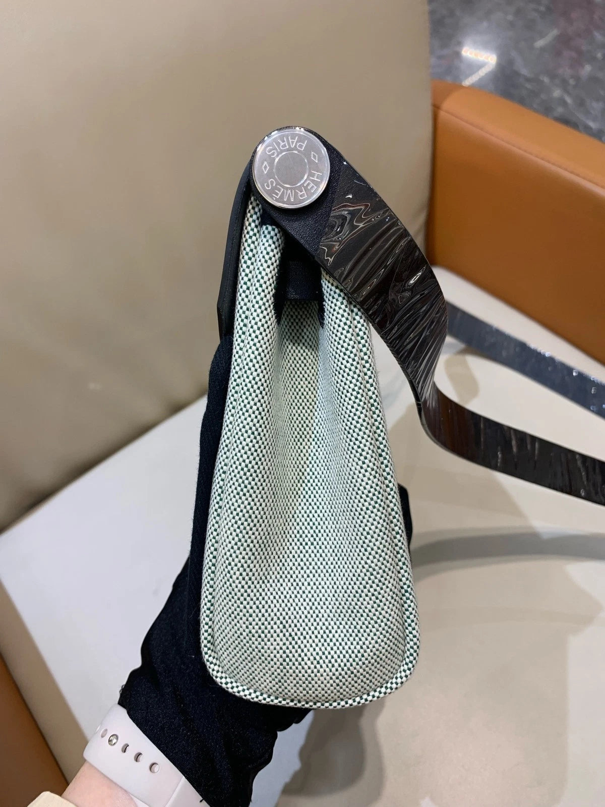 Hermes Mini Herbag Black Green Canvas Shoulder Bag For Women