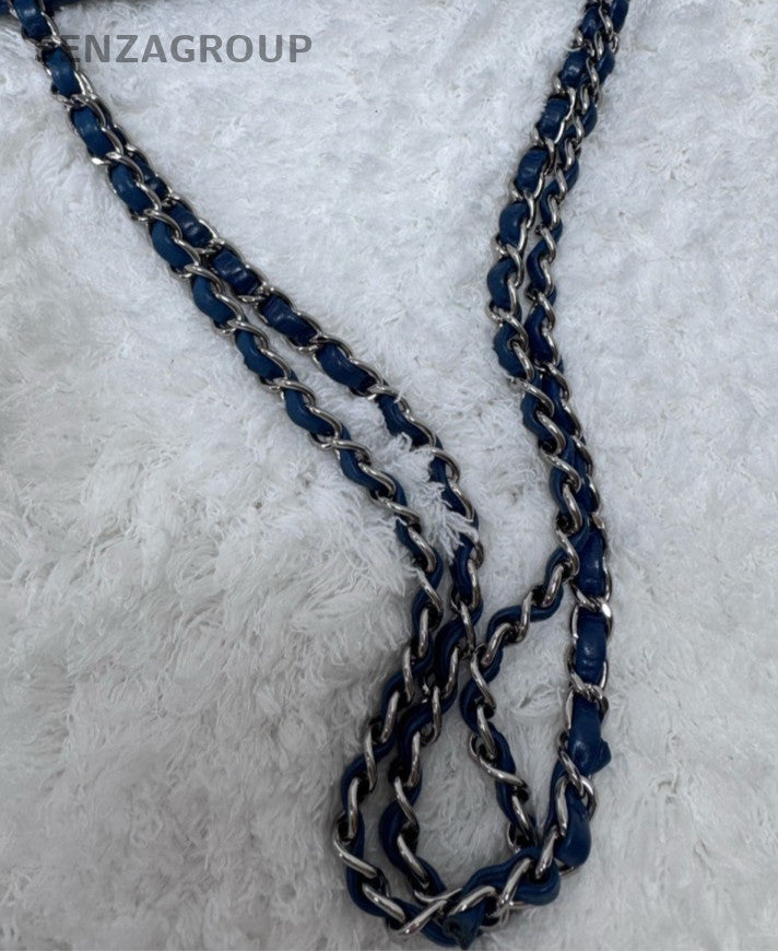 Chanel Diamond Chain Shoulder Bag Blue Silver Used Women Classic Designer