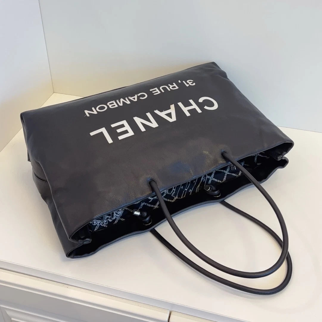 Chanel 31 Rue Cambon Tote Calfskin Handbag Shoulder Bag Black Women Classic
