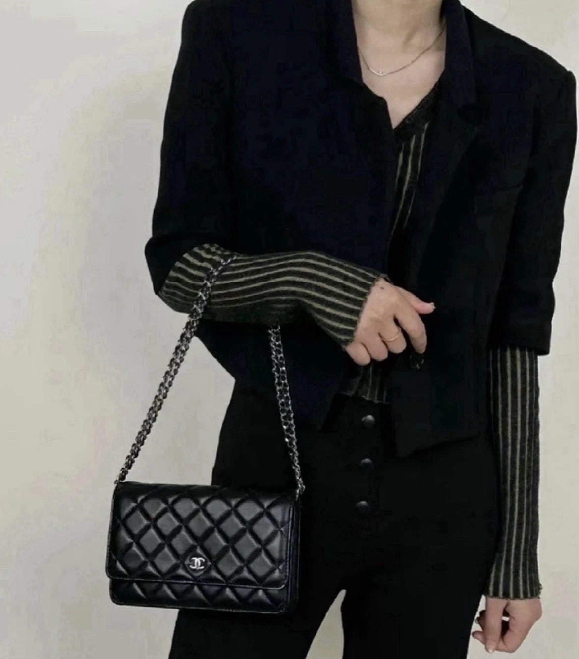 Chanel WOC Chain Lambskin Shoulder Crossbody Diamond Black Silver Women Classic