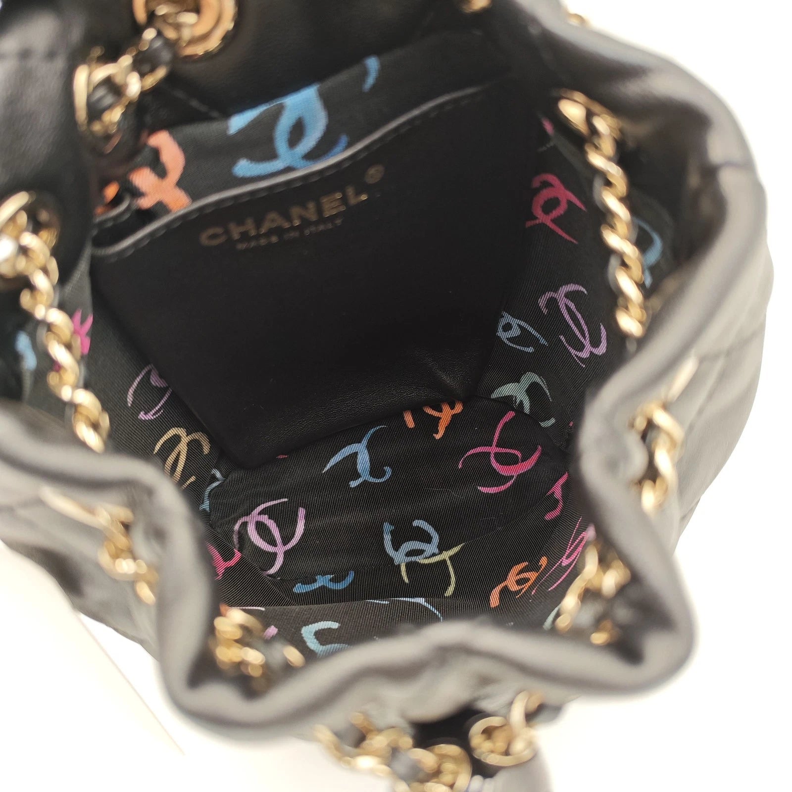 CHANEL Mini Black Gold Hardware Bucket Drawstring Backpack For Women