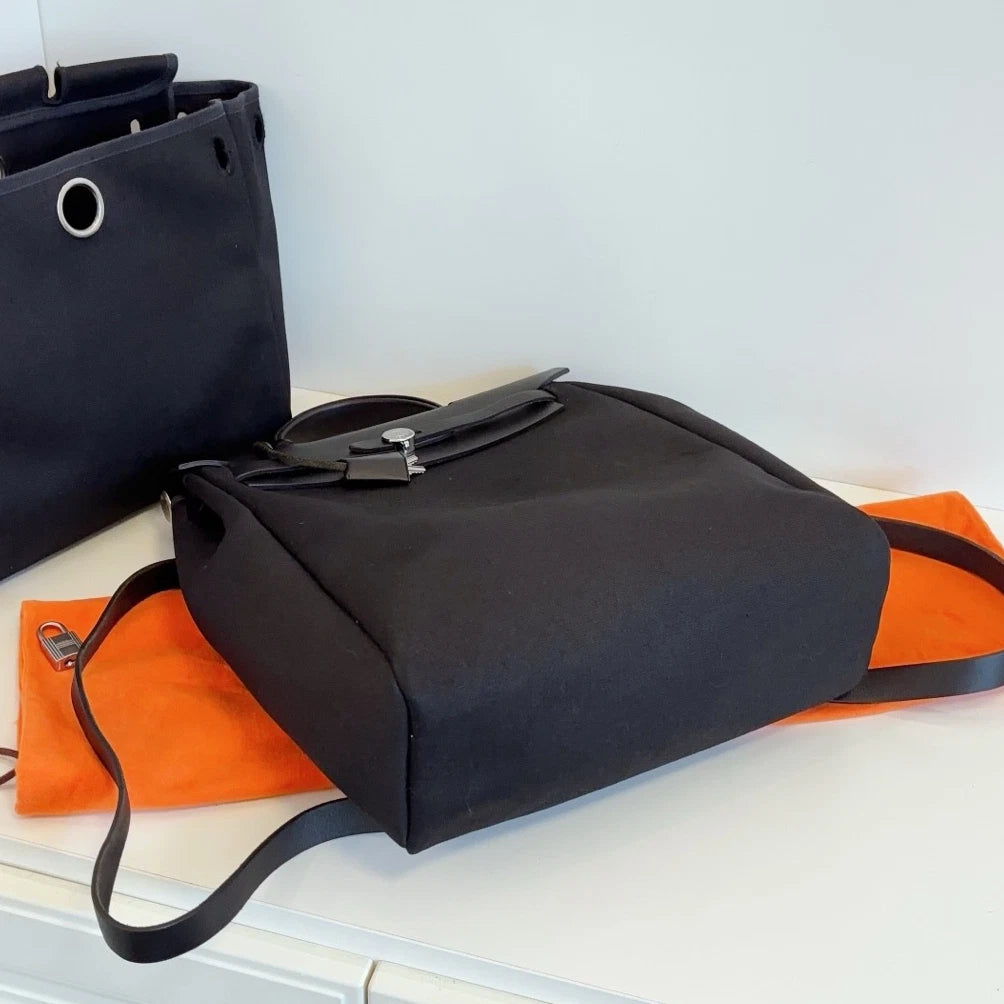 Hermes Herbag So Black Canvas Backpack Black Silver Unisex Adults Classic