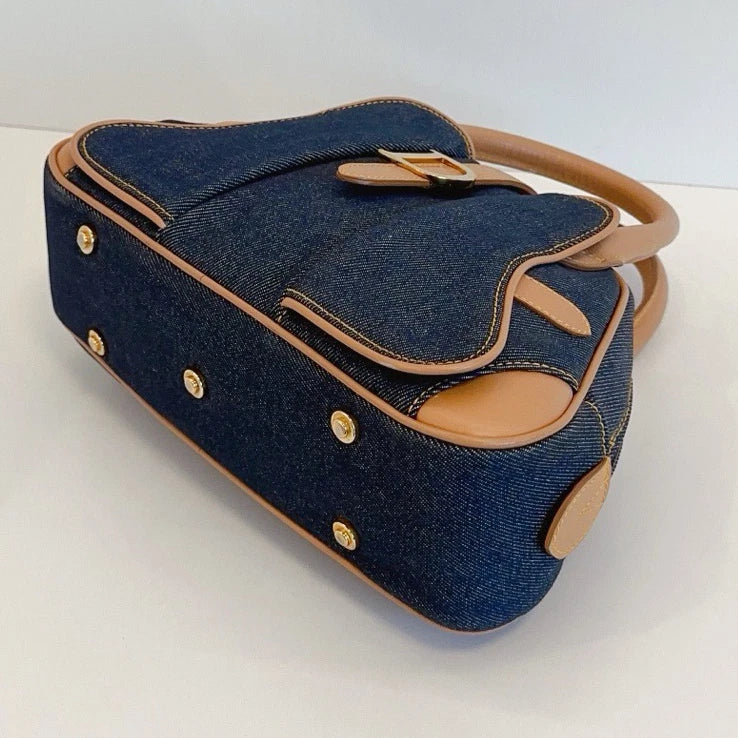 Christian Dior Denim Bowling Bag Top Handle Bag Blue Brown Women Fashion