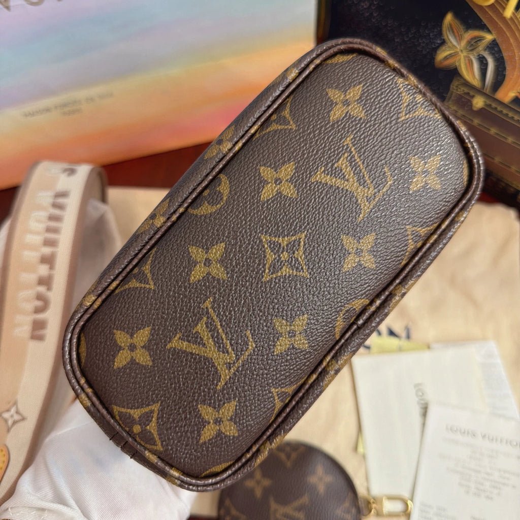 Excellent Louis Vuitton Neverfull BB Monogram Beige Strap Handbag Crossbody