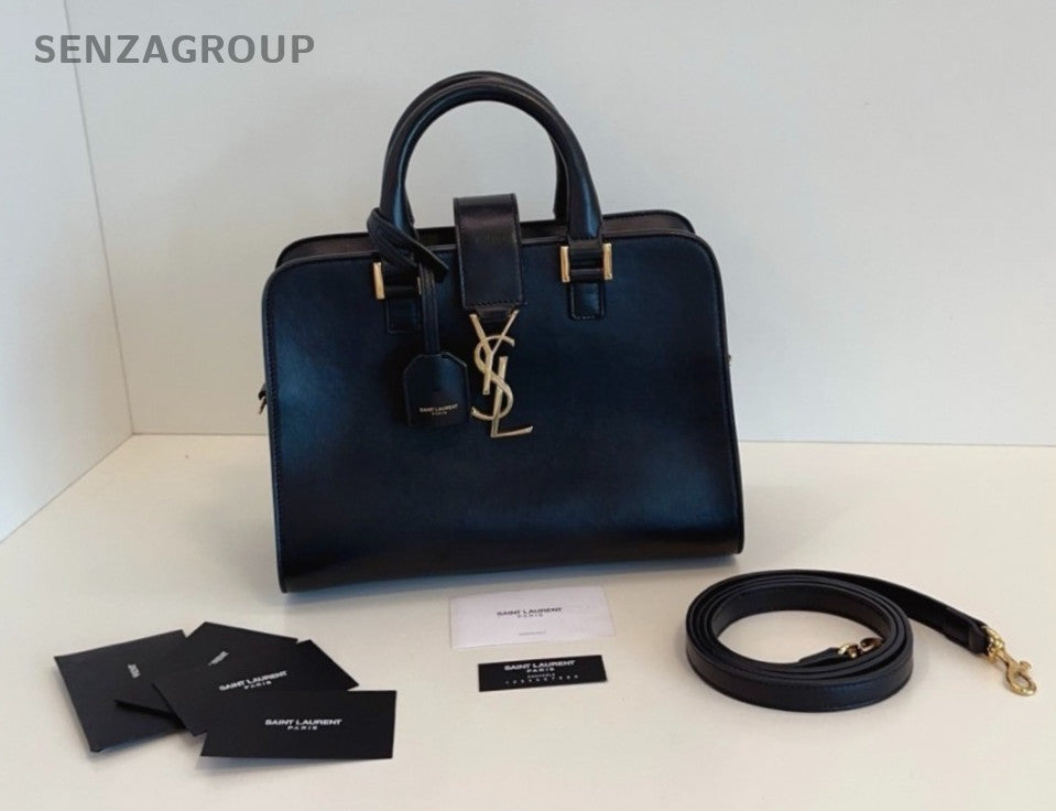 YSL Saint Laurent Cabas PM Boston Top Handle 2way Shoulder Handbag Black Gold