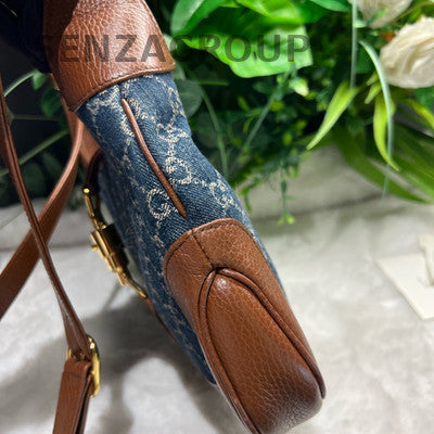 Gucci Denim Shoulder Bag Blue Brown Gold Buckle Classic GG Monogram