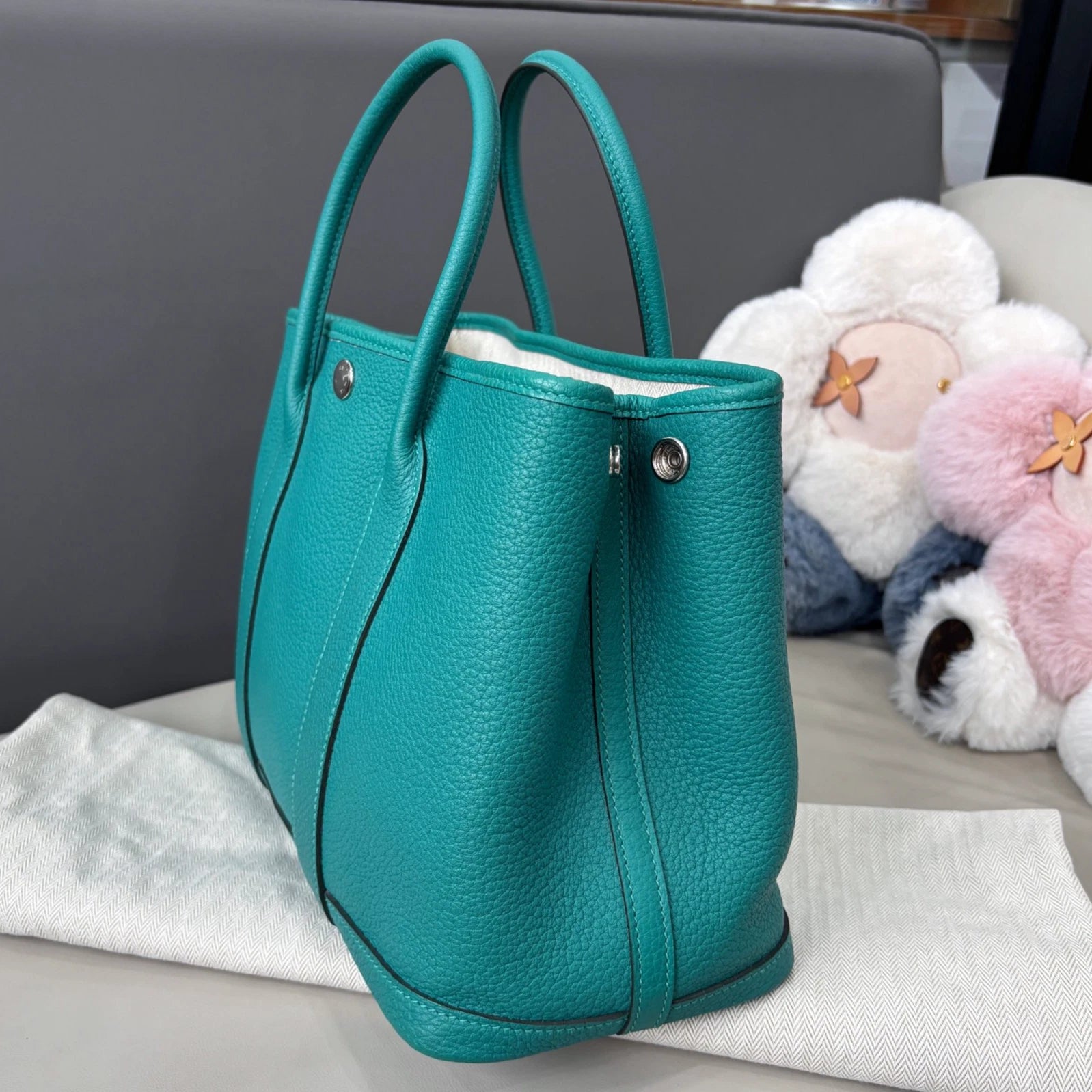 Hermes Garden Party30 Top Handle Bag Green Silver Women Classic