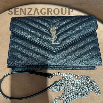 Saint Laurent Cassandre Leather Chain Shoulder Bag Black Silver Classic