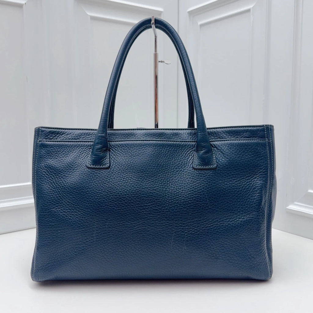 Chanel Cerf Tote Calfskin Shoulder Bag Blue Silver Hardware Women Classic
