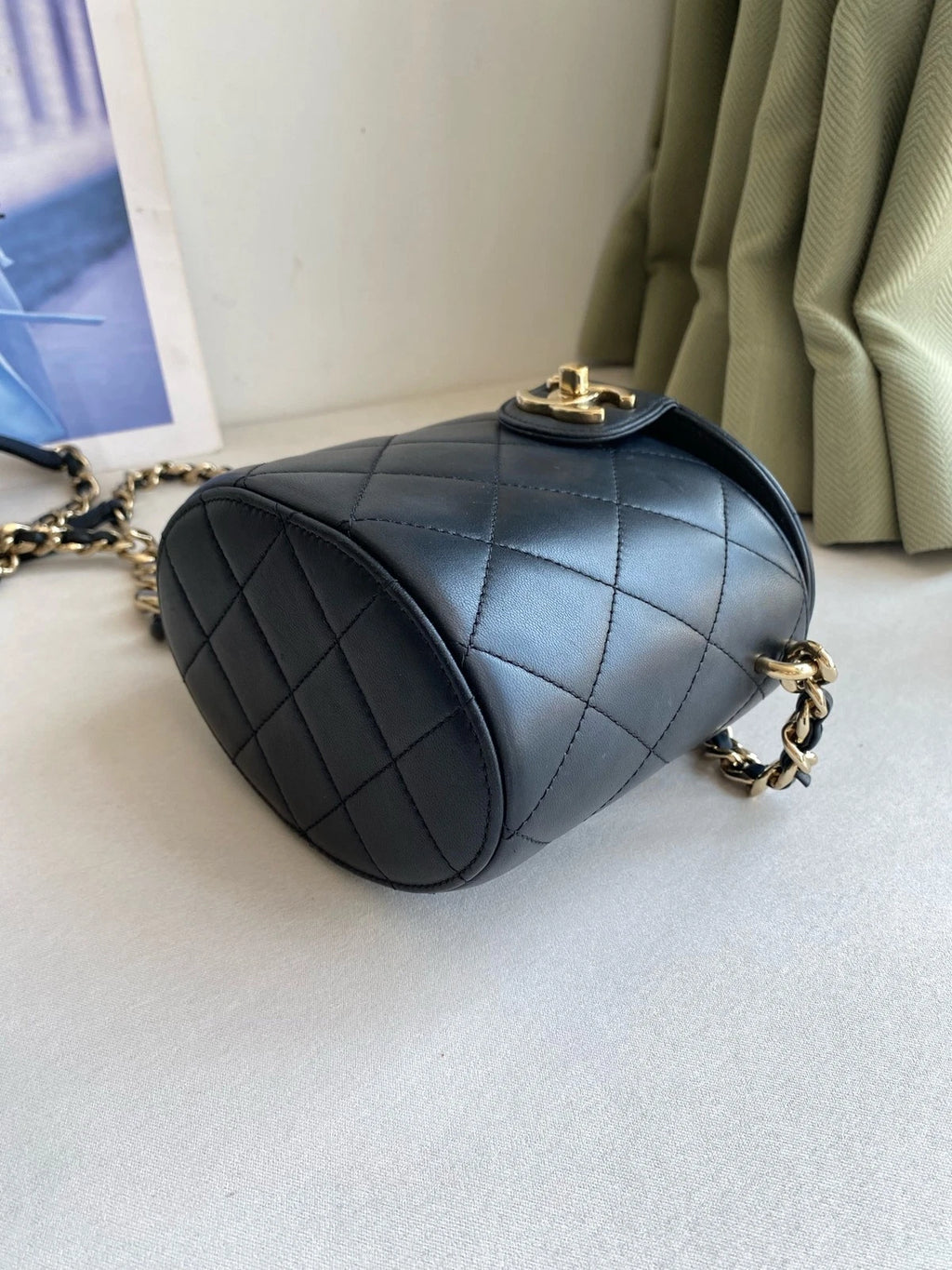 CHANEL Black Gold Vanity Case Mini Bucket Bag For Women