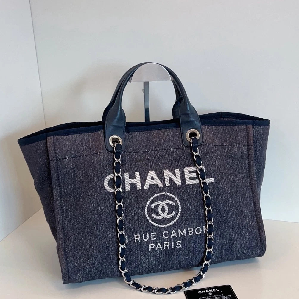 Chanel Canvas Calfskin Beach Bag Chain Top Handle Shoulder Blue Silver Women