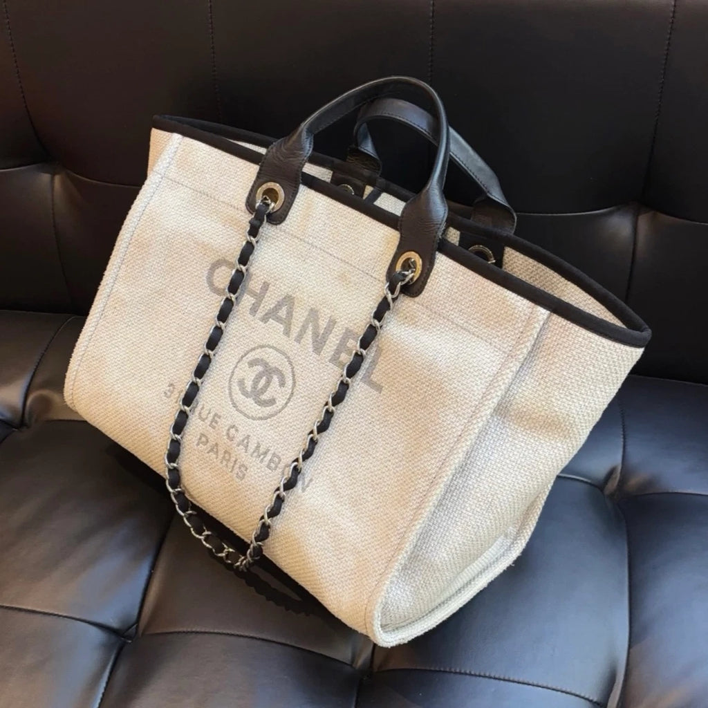 Chanel Beach Bag GM Chain Shoulder Bag Top Handle Bag Gray Used Women
