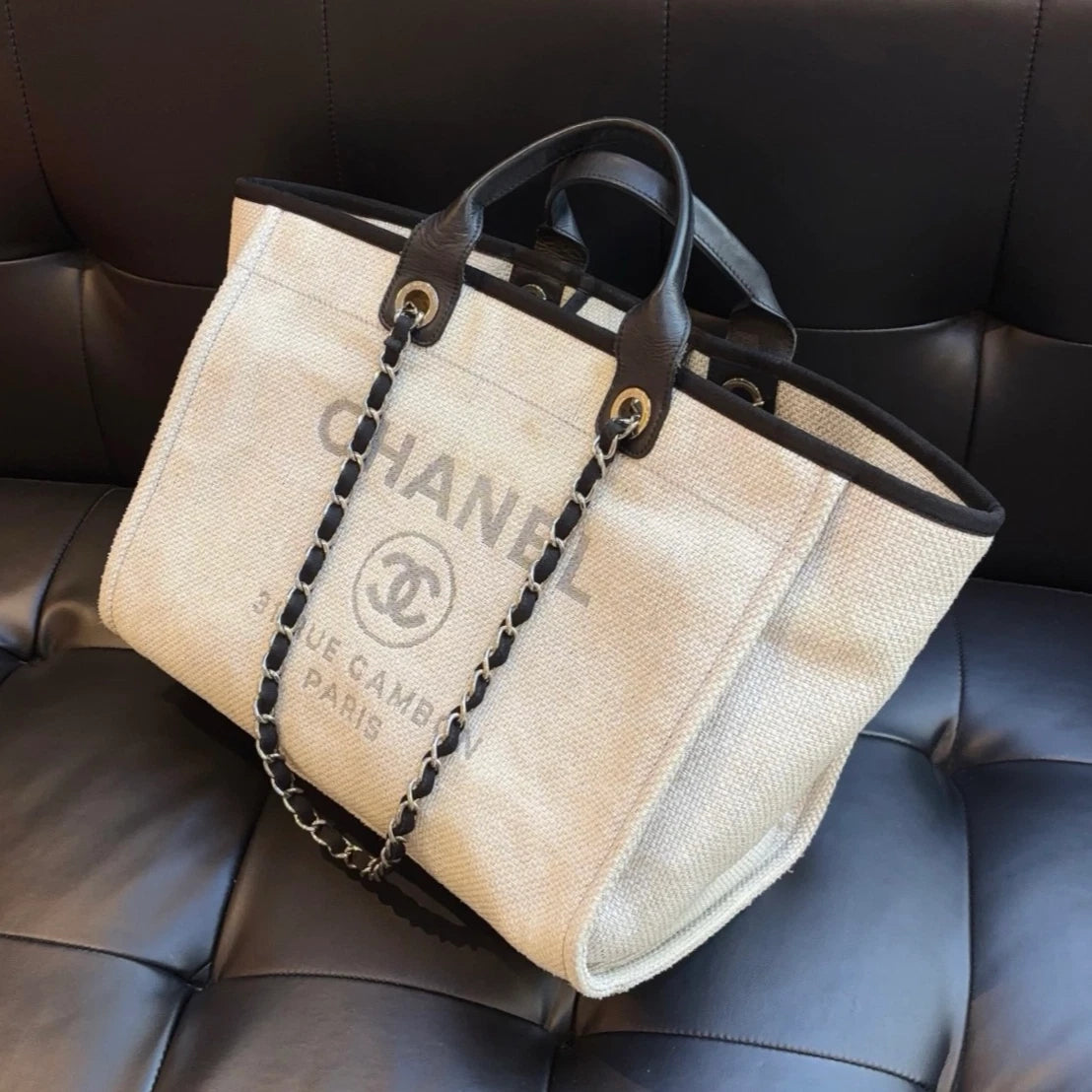 Chanel Beach Bag GM Chain Shoulder Bag Top Handle Bag Gray Used Women