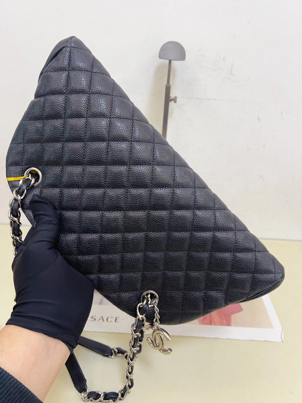Chanel Bowling Calfskin Chain Shoulder Bag Diamond Black Silver Excellent